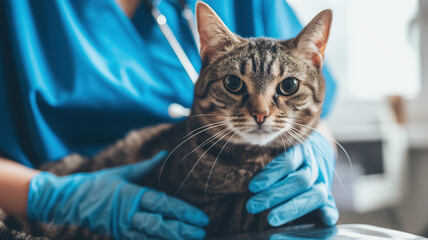 Doctor's hands in blue gloves hold a gray cat lying calmly on the table at a veterinarian's appointment
