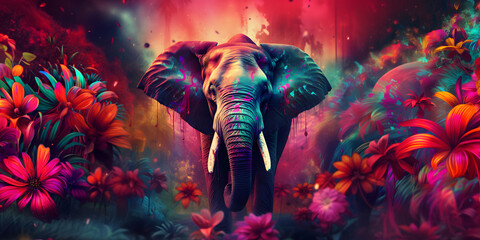 elephant in holi colors against bright colorful jungle background, multicolored explosions of holi colors, holi festival - obrazy, fototapety, plakaty