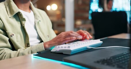 Hands, keyboard or coding with connection in office, productivity and programmer for gaming on neon mousepad. Person, working and writing futuristic technology for software and networking at night