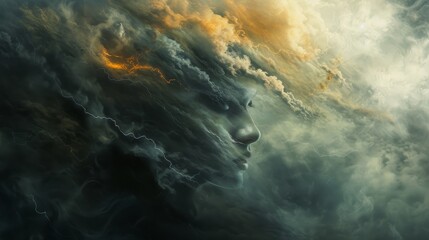 A mesmerizing portrait of a woman's face amidst a tempestuous sky, her features painted with the raw power and beauty of nature's wrath