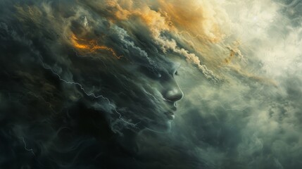 Fototapeta premium A mesmerizing portrait of a woman's face amidst a tempestuous sky, her features painted with the raw power and beauty of nature's wrath