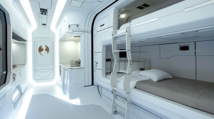 Room with bunk bed in spaceship, interior design of starship. Living compartment for crew or passengers in futuristic spacecraft. Concept of space, technology, travel, scifi, future. - obrazy, fototapety, plakaty