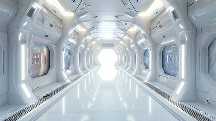 Spaceship hallway interior background, white corridor in starship or space station with control panels. Perspective inside room of futuristic spacecraft. Concept of technology, future