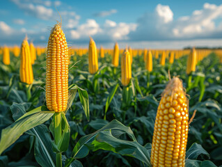 Golden Corn Ears in Lush Green Field