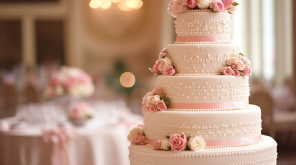 Wedding cake with pink roses