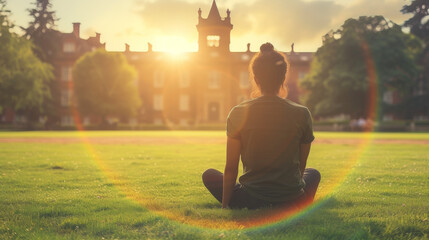 Girl relaxes on the lawn of a city park in front of a historical monument. The sunset light forms a circular rainbow. Silence, meditation, relaxation and tranquility in nature.