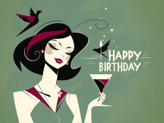 happy birthday card vintage girl with beverage Generative AI