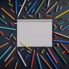 Vibrant Mockup: Plain White A4 Board Centered Amidst a Palette of Colorful Pastel Pencils