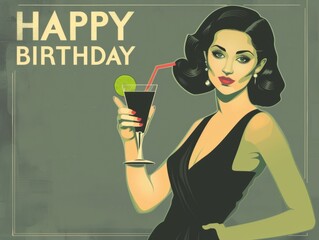 happy birthday card vintage girl with beverage Generative AI