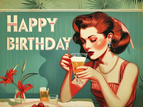 retro vintage birthday card with vintage girl drinking cocktail Generative AI