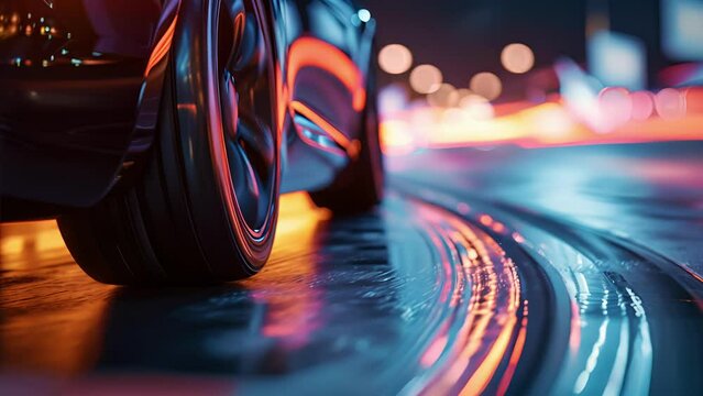 A closeup of a cars tire gripping the pavement leaving behind a trail of blurred skid marks as it accelerates into the night.
