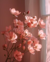 Delicate pink flowers in a glass vase near window in natural light.