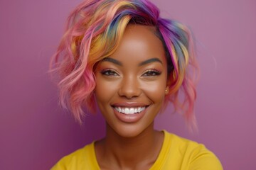 Vibrant Portrait of a Cheerful Happy Smiling Young African-American Woman with Colorful Hair Isolated on Light Purple Background. Generative AI.
