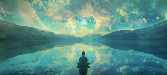 Cercles muraux Vert bleu A serene landscape painting of a person sitting on the water, surrounded by the majestic mountains and peaceful reflections of the clouds on the tranquil lake