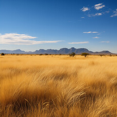 Paysage de savane africaine, herbes hautes jaunes face au désert, aux plaines et aux montagnes au...