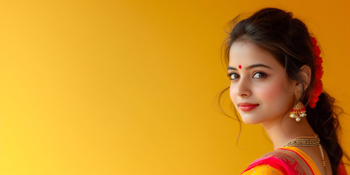 Indian woman in traditional sari indian costume on yellow background. Ugadi or Gudi Padwa celebration. Hindu New Year. Religion and ethnic concept. For banner, greeting card, poster with copy space