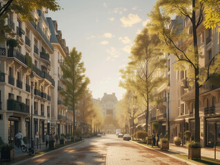Avenue à Paris bordée d'immeubles haussmanniens, patrimoine historique, jour de soleil - obrazy, fototapety, plakaty