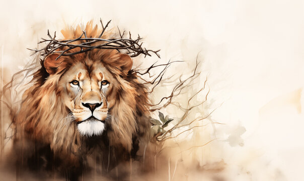 Easter's Grace, Rustic Watercolor Profile of Lion King of Judah Wearing Jesus' Crown of Thorns - Religious Symbolism in Art.