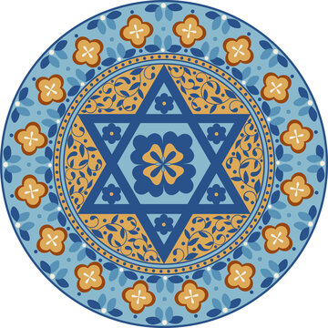 Oriental mandala with ancient motifs pattern and judaism symbol of star
