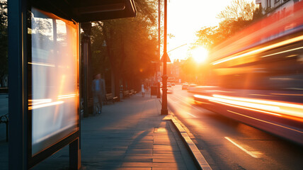 Bus stop near the road with empty schedule board banner mockup and passing cars with sunset cityscape at the background