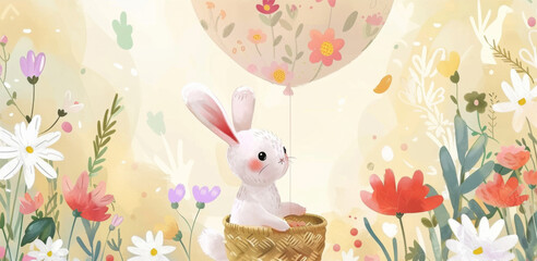 Obraz premium Happy Easter postcard. Whimsical illustration of a cute bunny with angel wings sitting in a serene spring garden. Cute children decor.