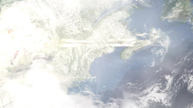 Earth zoom in from space and focus on Augusta, Maine, USA. 3D Animation. Satellite view. Background for travel intro. Images from NASA.