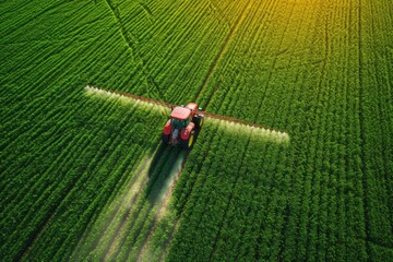 A tractor irrigates the soil with fertilizer. Background with selective focus and copy space
