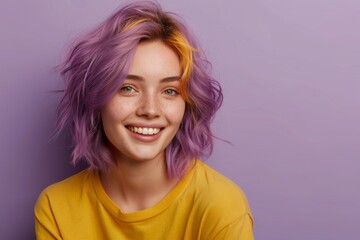 Fototapeta premium Vibrant Portrait of a Cheerful Happy Smiling Young Irish Woman with Colorful Hair Isolated on Light Purple Background. Generative AI. 