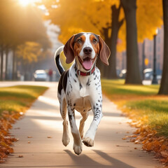 Portrait of an American English Coonhound. Happy dog in the city park.  - obrazy, fototapety, plakaty