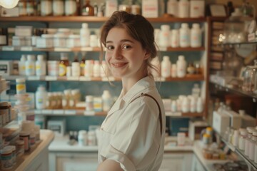 Graceful Pharmacist: Female Professional Standing in Pharmacy, Radiating Beauty and Expertise