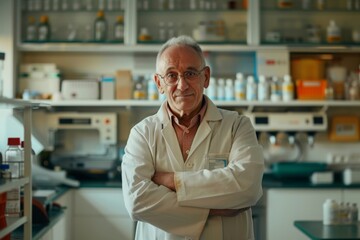 Esteemed European Scientist: Senior Male Stands Proudly in Laboratory Setting