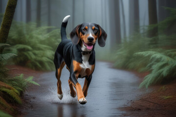 Portrait of an American English Coonhound. Happy dog in the forest. - obrazy, fototapety, plakaty