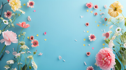 Decorated with spring and summer flowers flat lay on a blue neutral solid background - obrazy, fototapety, plakaty