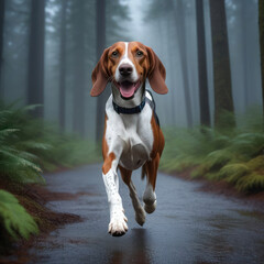 Portrait of an American English Coonhound. Happy dog in the forest. 