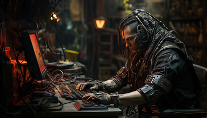 hacking man in a dark lab, hacker in a room, futuristic hacker