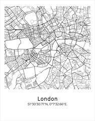 London city map. Travel poster vector illustration with coordinates. London, England, The United Kingdom Vector Map in light mode.