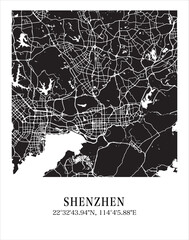Shenzhen city map. Travel poster vector illustration with coordinates. Shenzhen, China Map in dark mode.