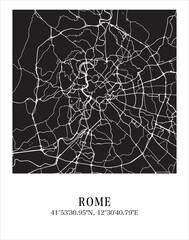 Rome city map. Travel poster vector illustration with coordinates. Rome, Italy Map in dark mode.