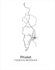 Phuket city map. Travel poster vector illustration with coordinates. Phuket, Thailand Vector Map in light mode.