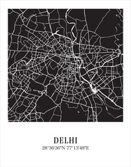 Delhi city map. Travel poster vector illustration with coordinates. Delhi, India Vector Map in dark mode.