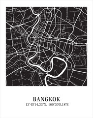 Bangkok city map. Travel poster vector illustration with coordinates. Bangkok, Thailand Vector Map in dark mode.