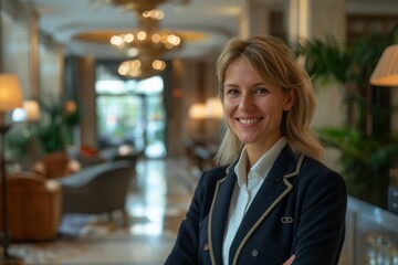 Elegant Hotel Manager: Female Professional Stands Gracefully in Hotel Lobby, Ready to Welcome Guests