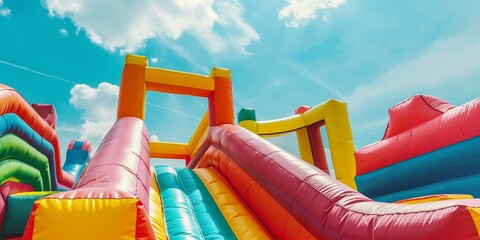 Inflatable bounce house water slide in the backyard, Colorful bouncy castle slide for children playground. - obrazy, fototapety, plakaty