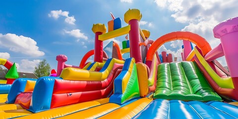 Fototapeta na wymiar Inflatable bounce house water slide in the backyard, Colorful bouncy castle slide for children playground.