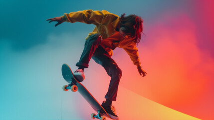 Youthful energetic teenager skateboarding on vivid colorful smoky glowing background with copy space, athletic silhouette of teen boy skating, copy space, concept of youth, pop art, sports.