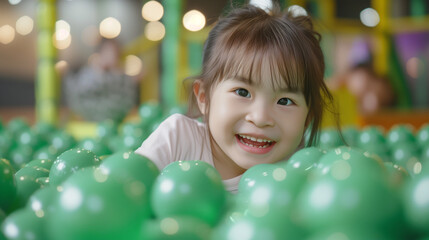Fototapeta na wymiar Happy toddler girl playing with green balls in playground, joyful kid having fun in ball pit of children play center, copy space.