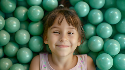 Fototapeta na wymiar Happy toddler girl playing with green balls in playground, joyful kid having fun in ball pit of children play center, copy space.