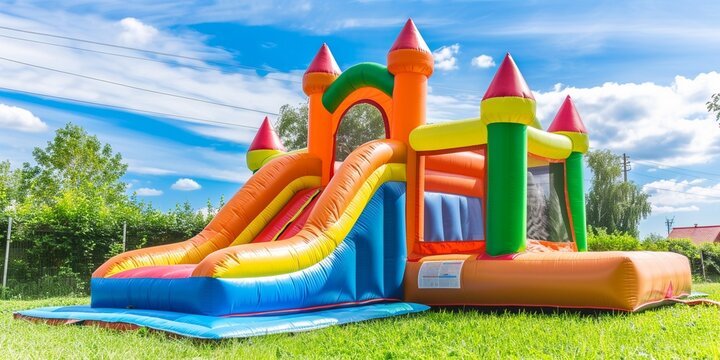 Inflatable bounce house water slide in the backyard, Colorful bouncy castle slide for children playground.
