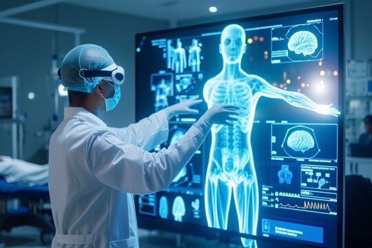 a person in a white coat and goggles looking at a large screen