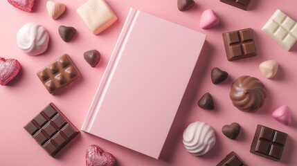 Minimal Valentine card with open blank notebook and chocolates on a light pink background. Pastel colors. Flat lay